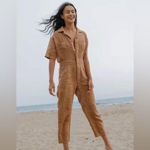Mate The Label Sedona 100% Linen Utility Jumpsuit Size Large Tan